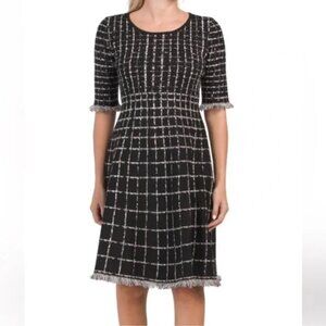 Taylor Elbow Sleeve Fringe Window Pane Design Sweater Dress